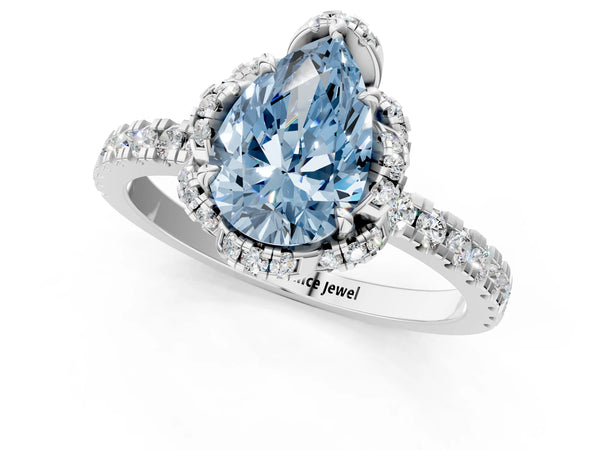 White gold Fancy Blue Pear Cut Diamond Halo Pave Band with Four-Prong Setting