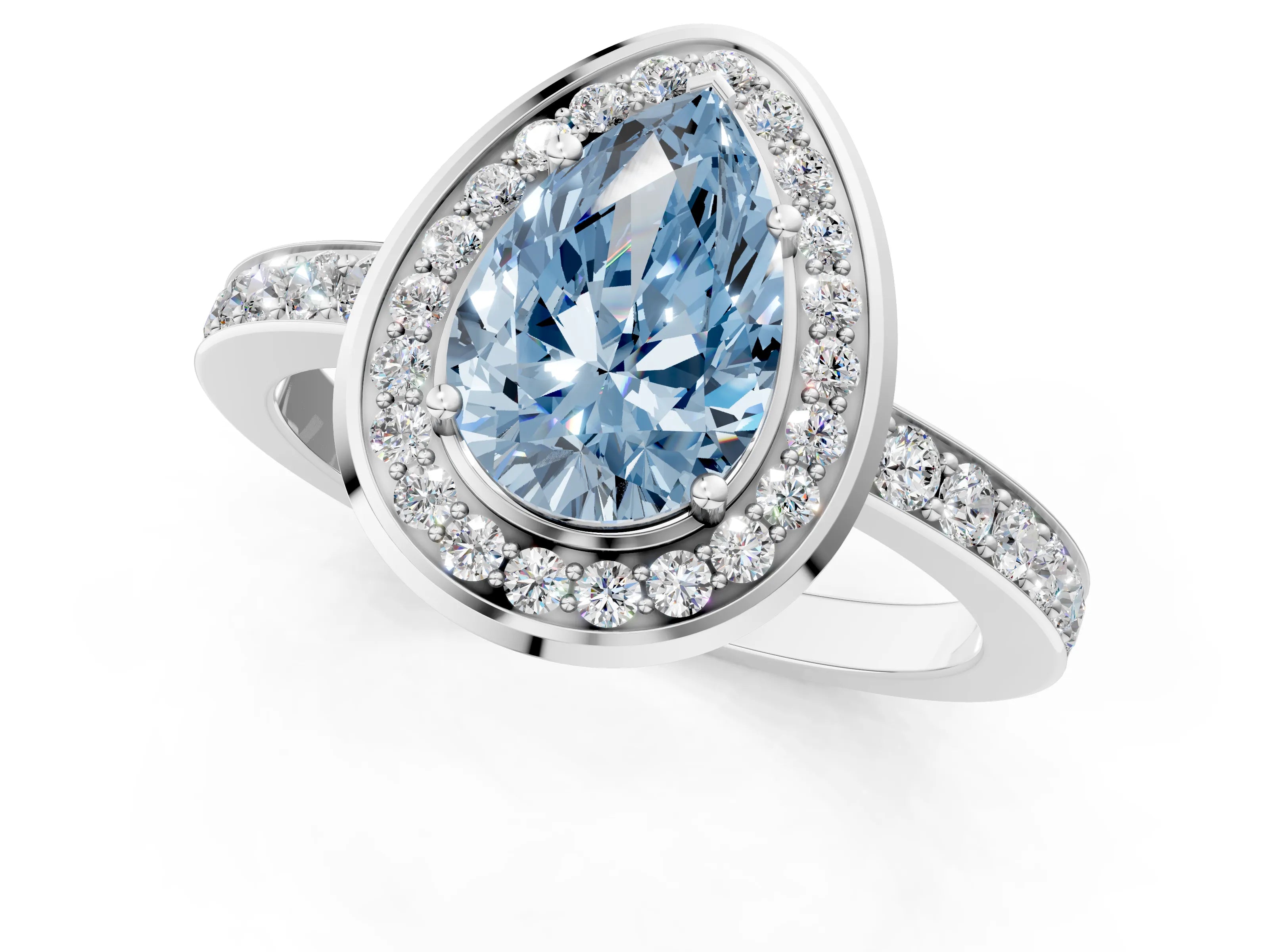 White gold Fancy Blue Pear Cut Diamond Halo Ring with Bezel Frame and Pavé Band_1