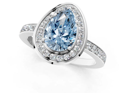 White gold Fancy Blue Pear Cut Diamond Halo Ring with Bezel Frame and Pavé Band_1