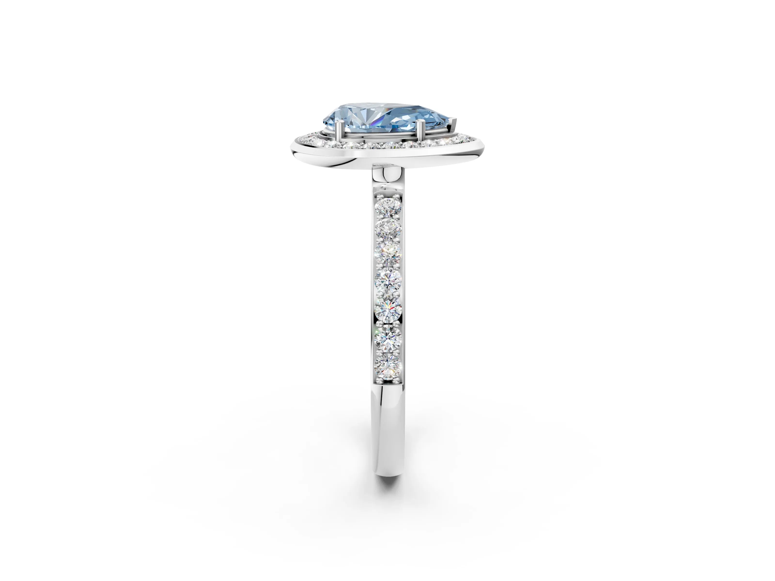 White gold Fancy Blue Pear Cut Diamond Halo Ring with Bezel Frame and Pavé Band_2