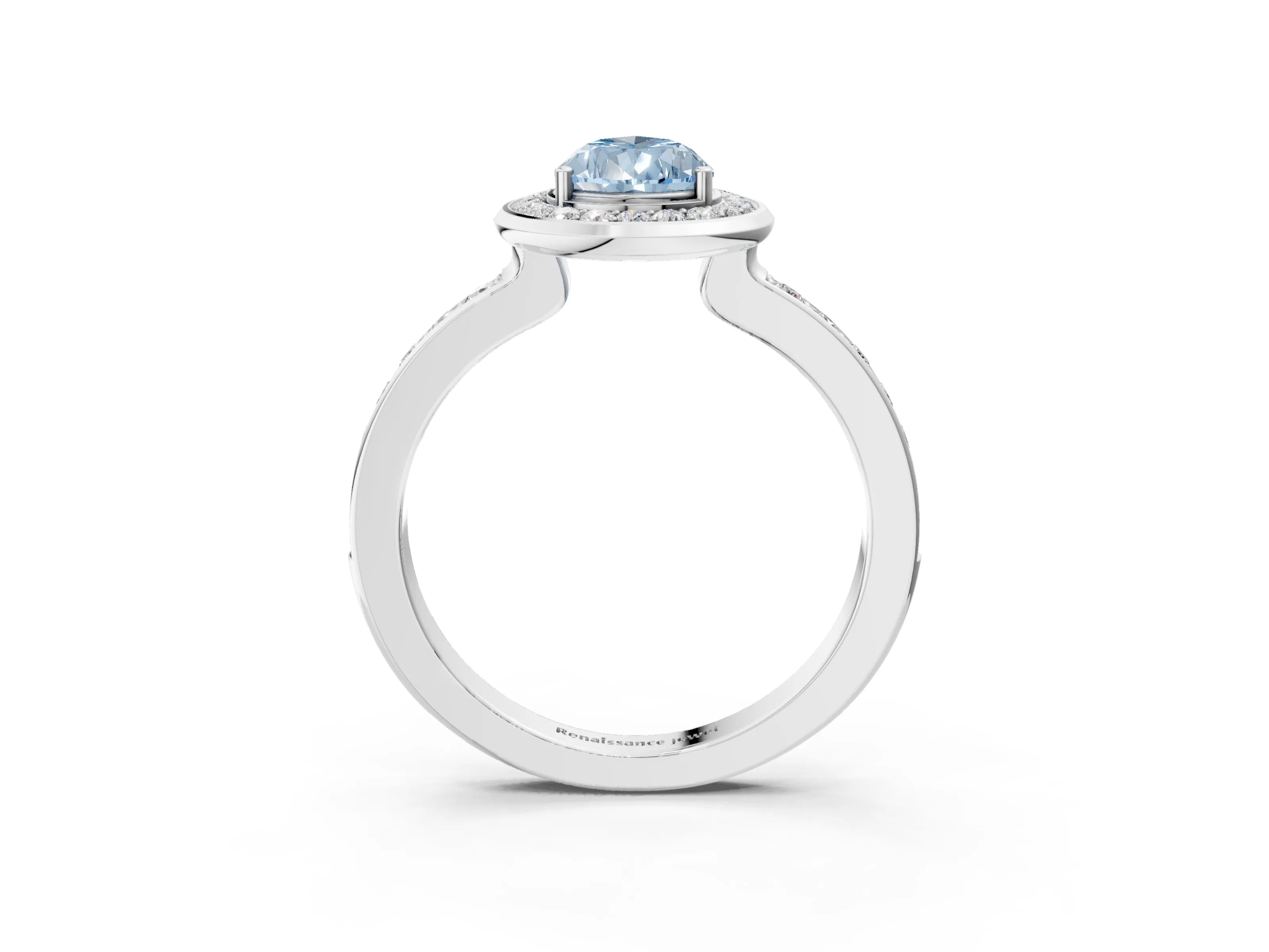 White gold Fancy Blue Pear Cut Diamond Halo Ring with Bezel Frame and Pavé Band_3