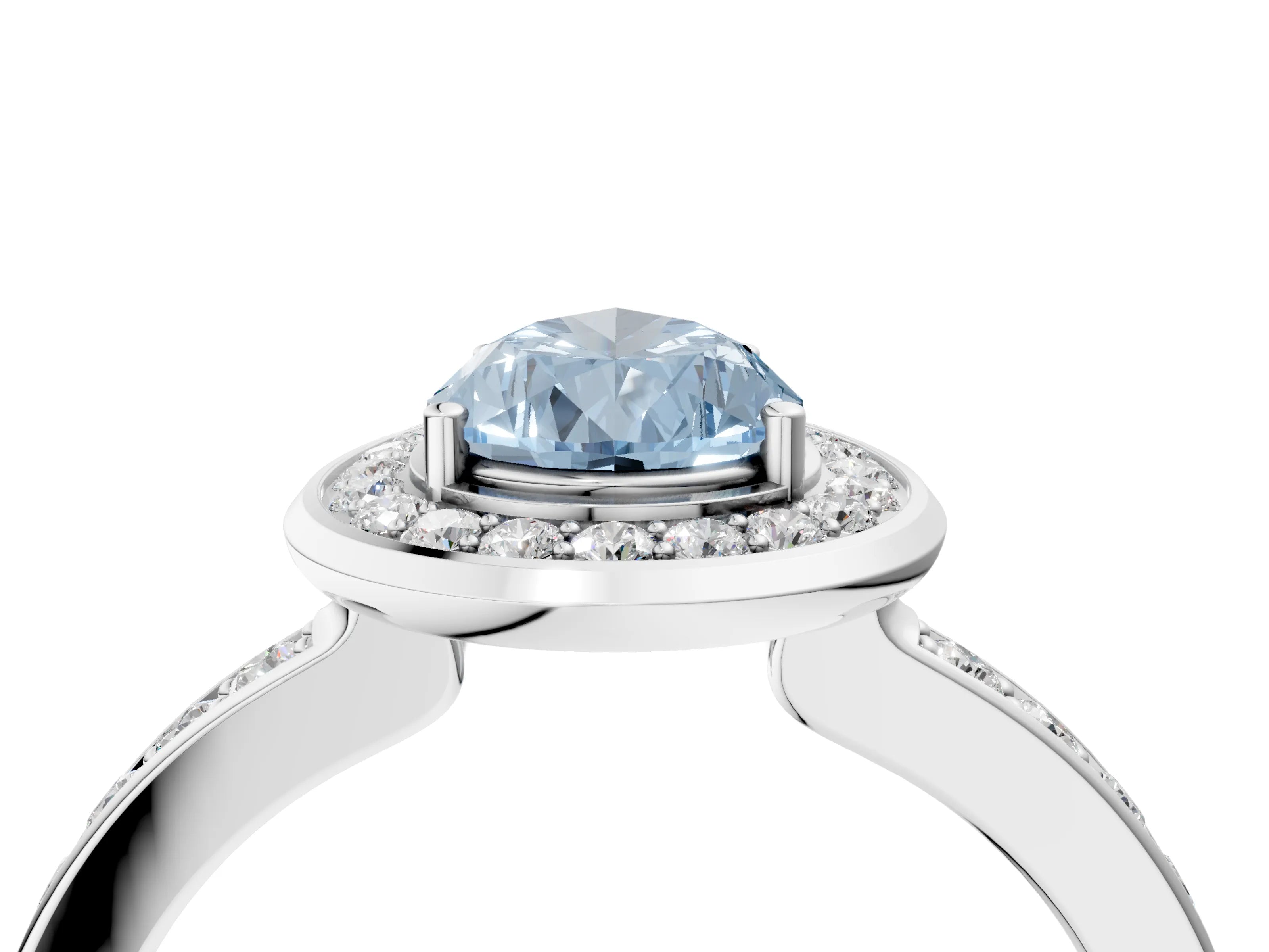 White gold Fancy Blue Pear Cut Diamond Halo Ring with Bezel Frame and Pavé Band_4