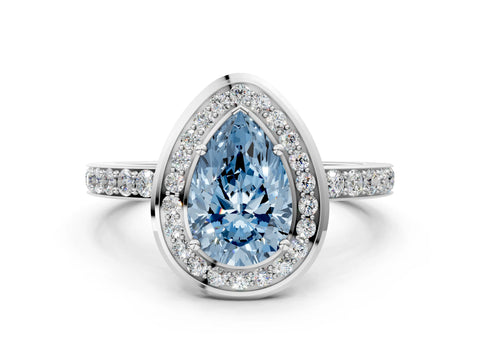 White gold Fancy Blue Pear Cut Diamond Halo Ring with Bezel Frame and Pavé Band