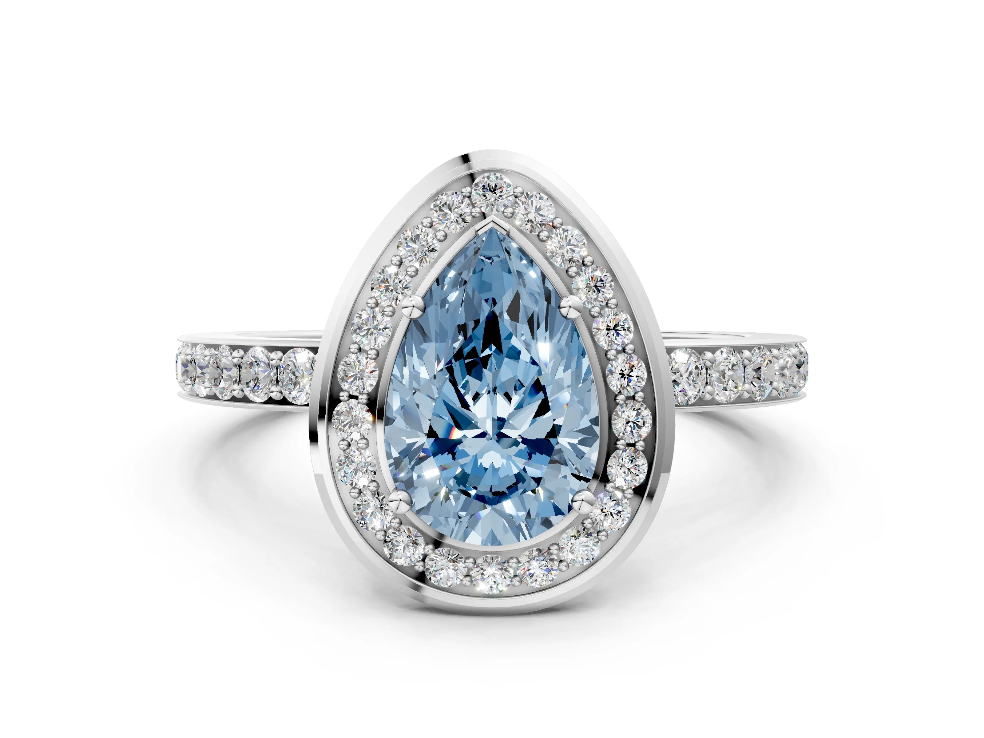 White gold Fancy Blue Pear Cut Diamond Halo Ring with Bezel Frame and Pavé Band