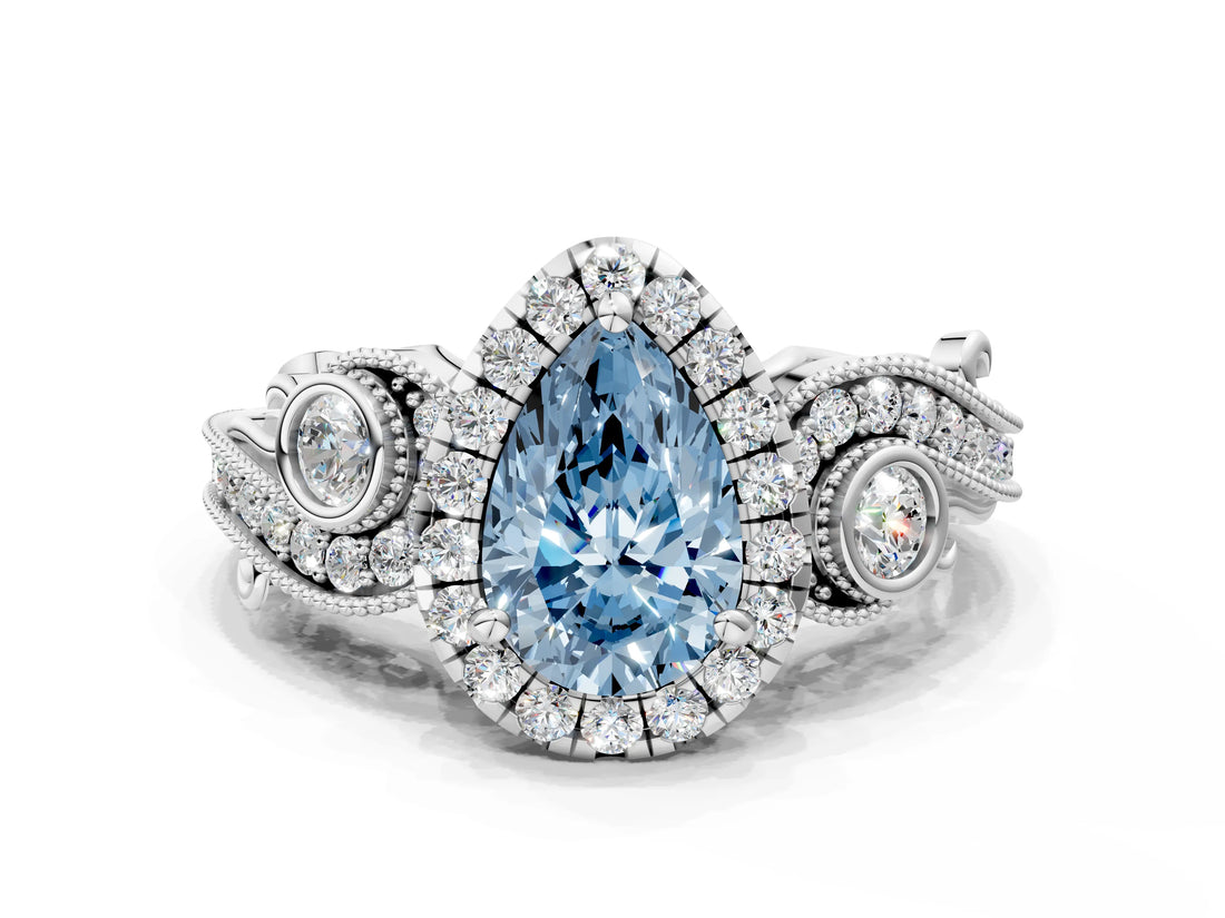 White gold Fancy Blue Pear Cut Diamond Halo Ring with Milgrain Pavé Band and Four-Prong Setting_66