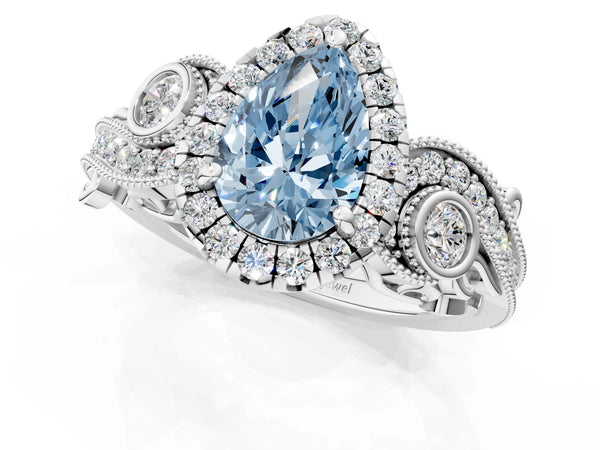 Platinum Fancy Blue Pear Cut Diamond Halo Ring with Milgrain Pavé Band and Four-Prong Setting