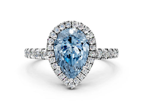 White gold Fancy Blue Pear Cut Diamond Halo Ring with Pavé Band and Four-Prong Setting_12