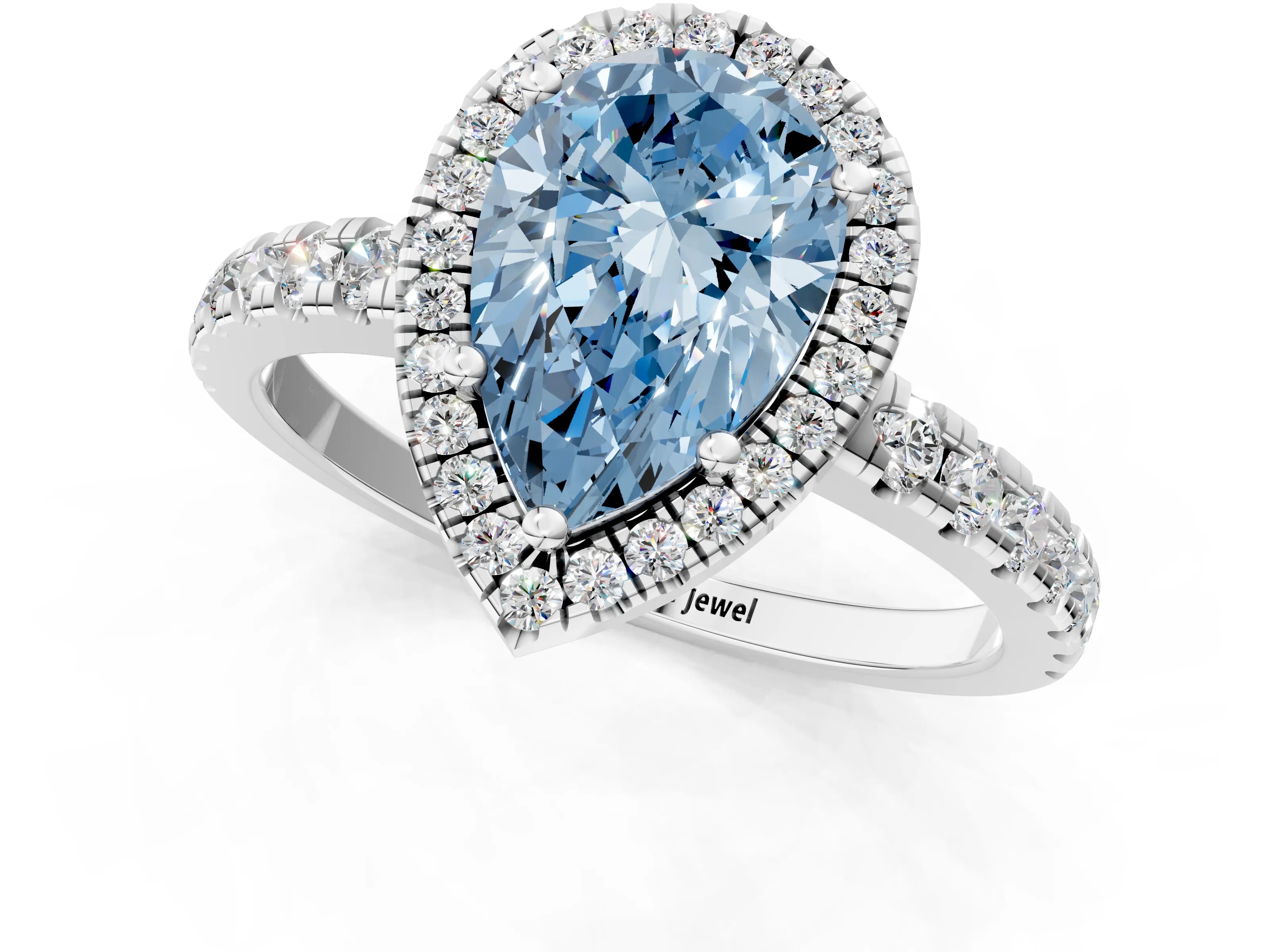 White gold Fancy Blue Pear Cut Diamond Halo Ring with Pavé Band and Four-Prong Setting_13
