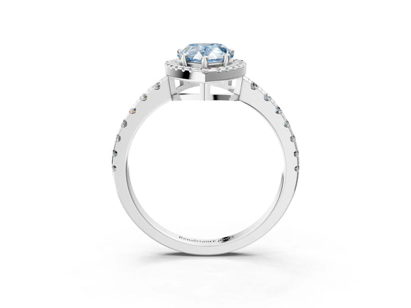 White gold Fancy Blue Pear Cut Diamond Halo Ring with Pavé Band and Four-Prong Setting
