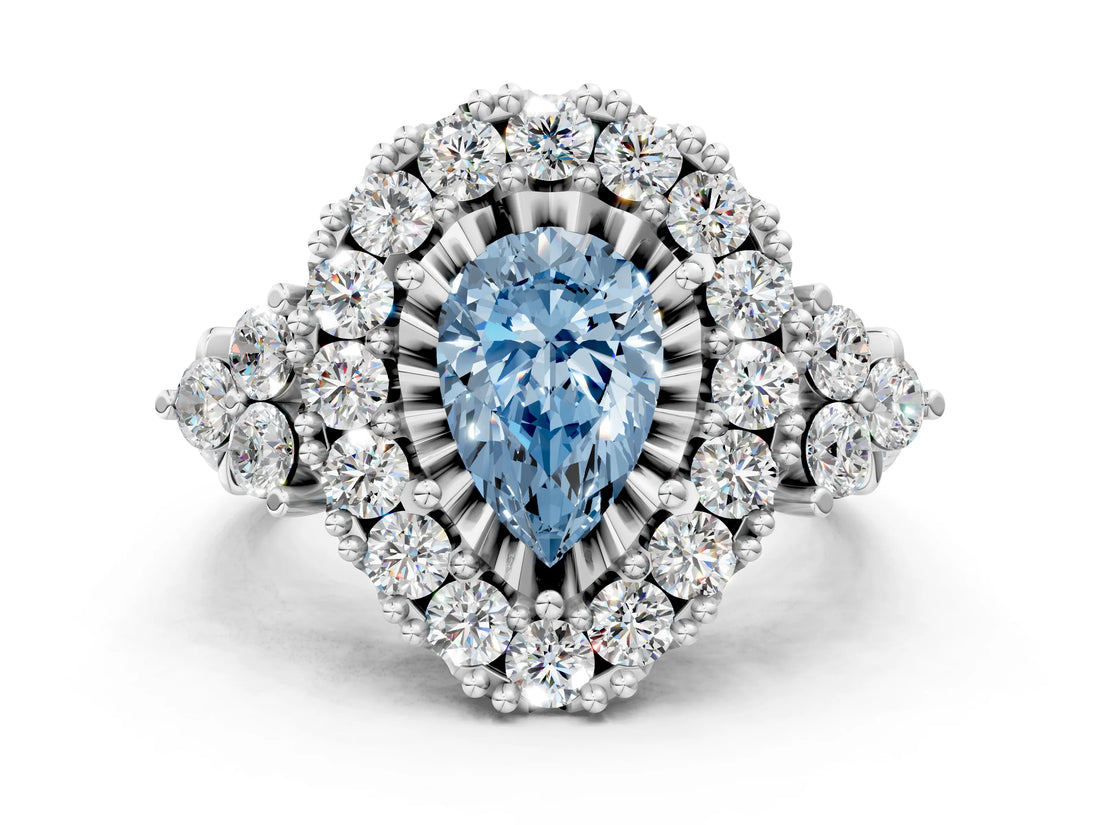 White gold Fancy Blue Pear Cut Diamond Halo Ring with Pavé Band and Four-Prong Setting_61
