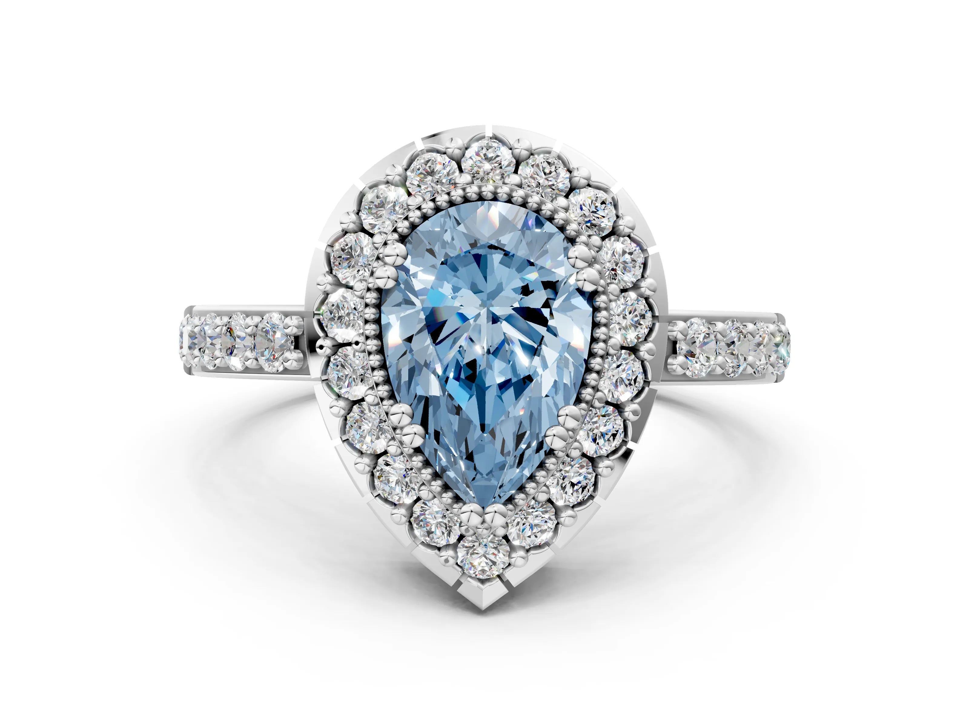 White gold Fancy Blue Pear Cut Diamond Halo Ring with Pavé Band and Prong Setting_12