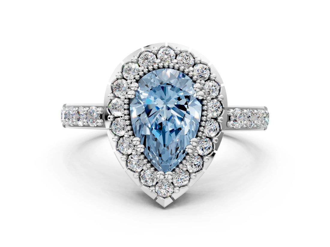 White gold Fancy Blue Pear Cut Diamond Halo Ring with Pavé Band and Prong Setting_12
