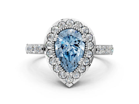 White gold Fancy Blue Pear Cut Diamond Halo Ring with Pavé Band and Prong Setting_12