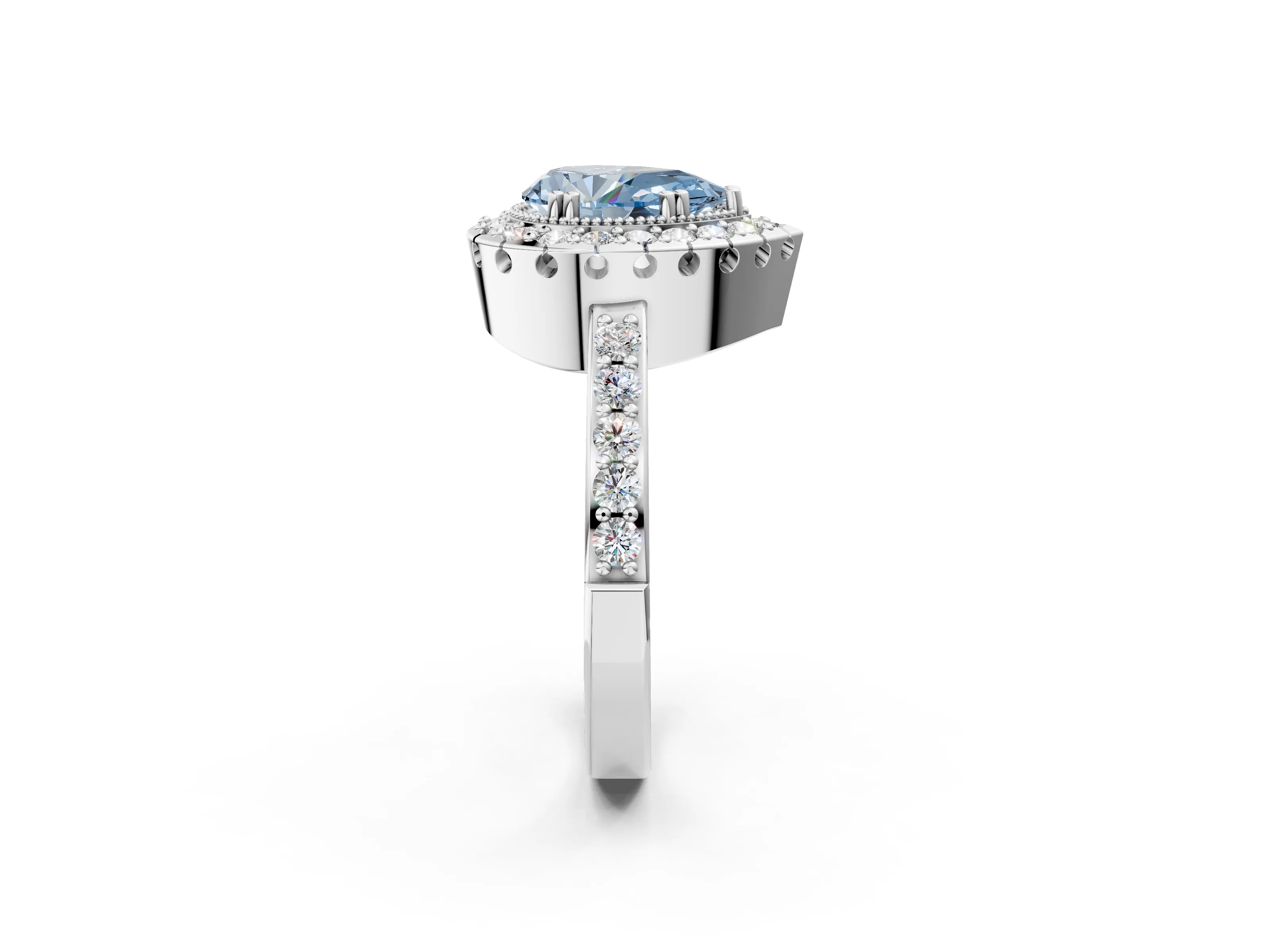 White gold Fancy Blue Pear Cut Diamond Halo Ring with Pavé Band and Prong Setting_14