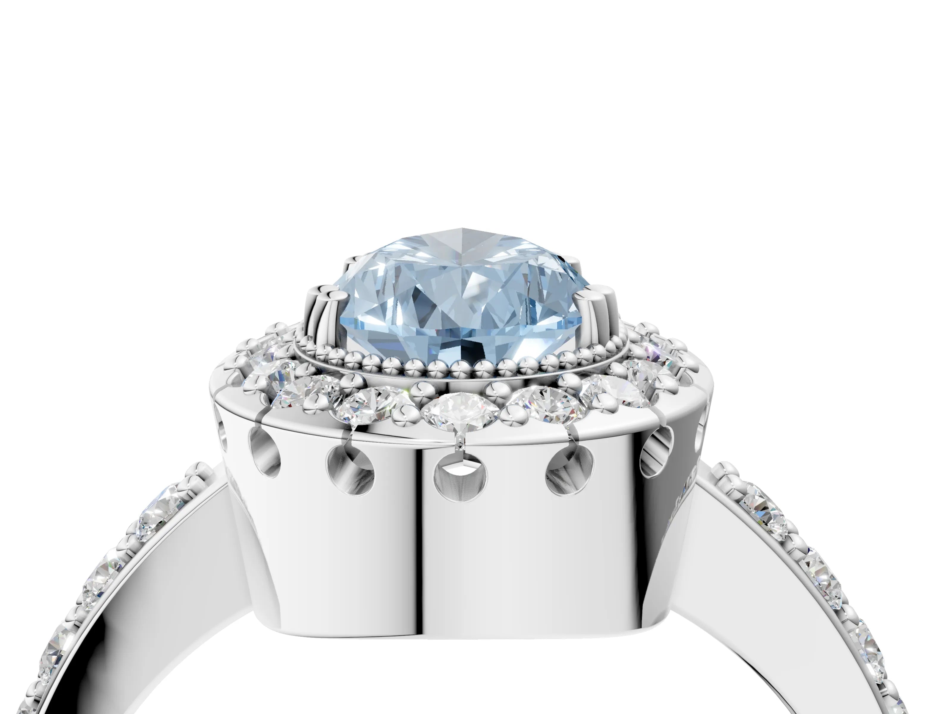 White gold Fancy Blue Pear Cut Diamond Halo Ring with Pavé Band and Prong Setting_16