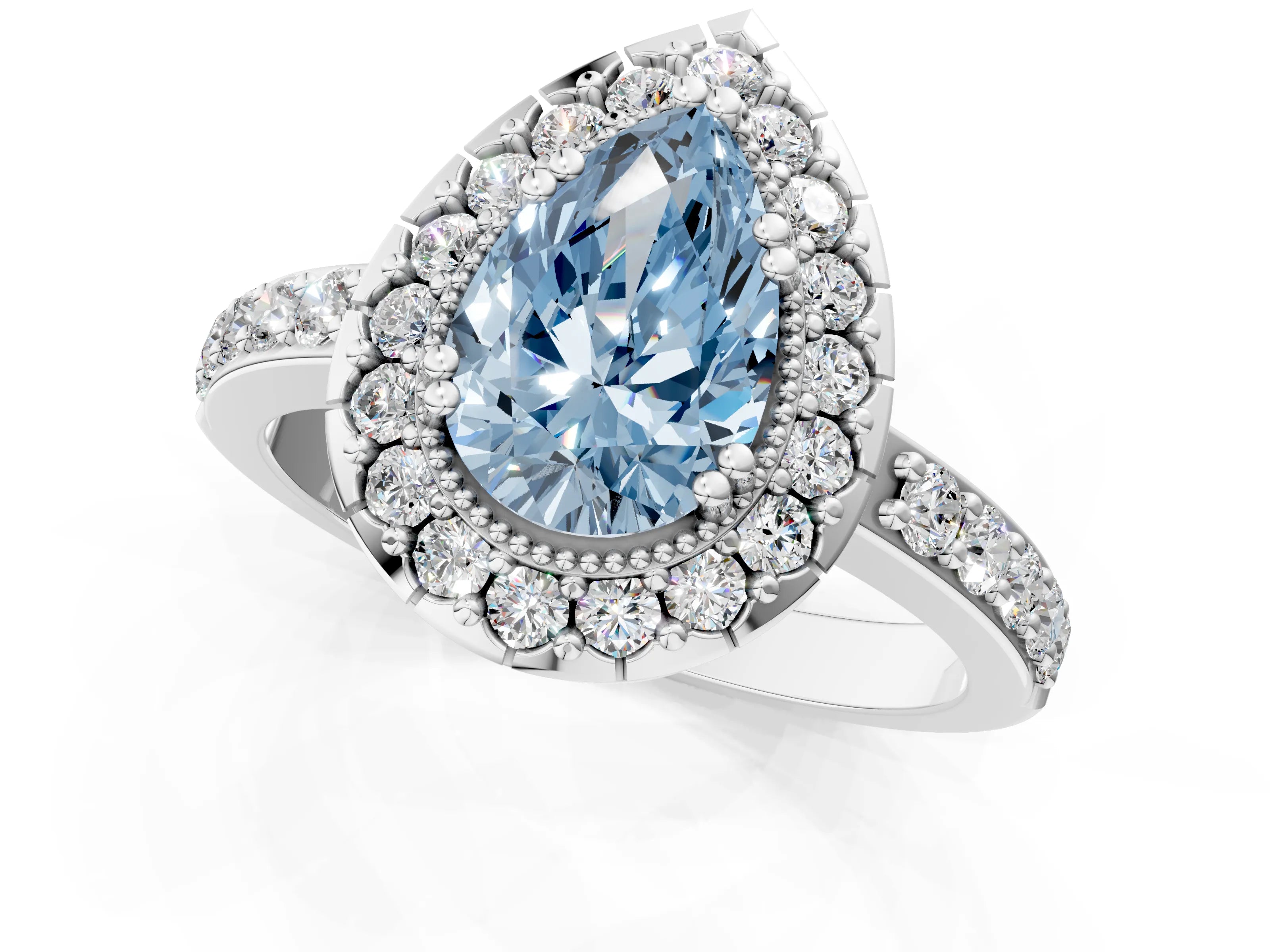 White gold Fancy Blue Pear Cut Diamond Halo Ring with Pavé Band and Prong Setting_1