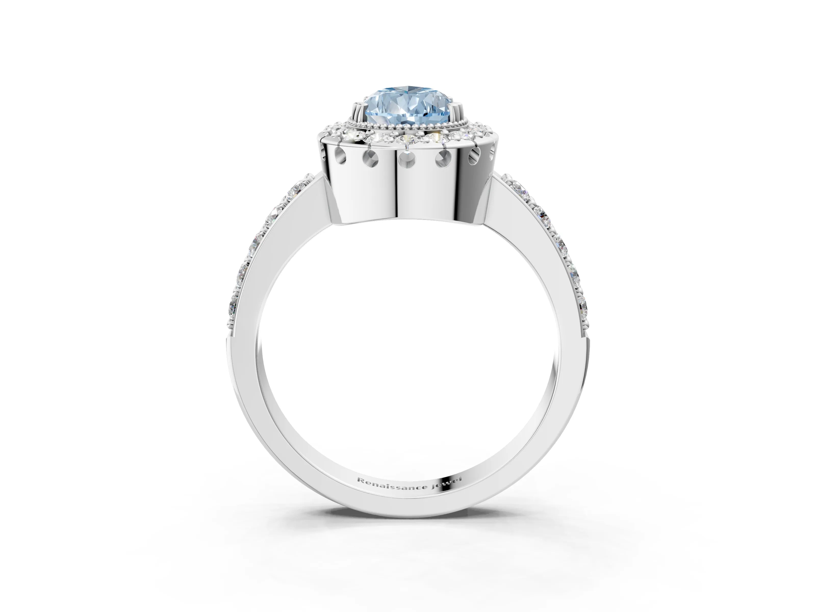 White gold Fancy Blue Pear Cut Diamond Halo Ring with Pavé Band and Prong Setting_3