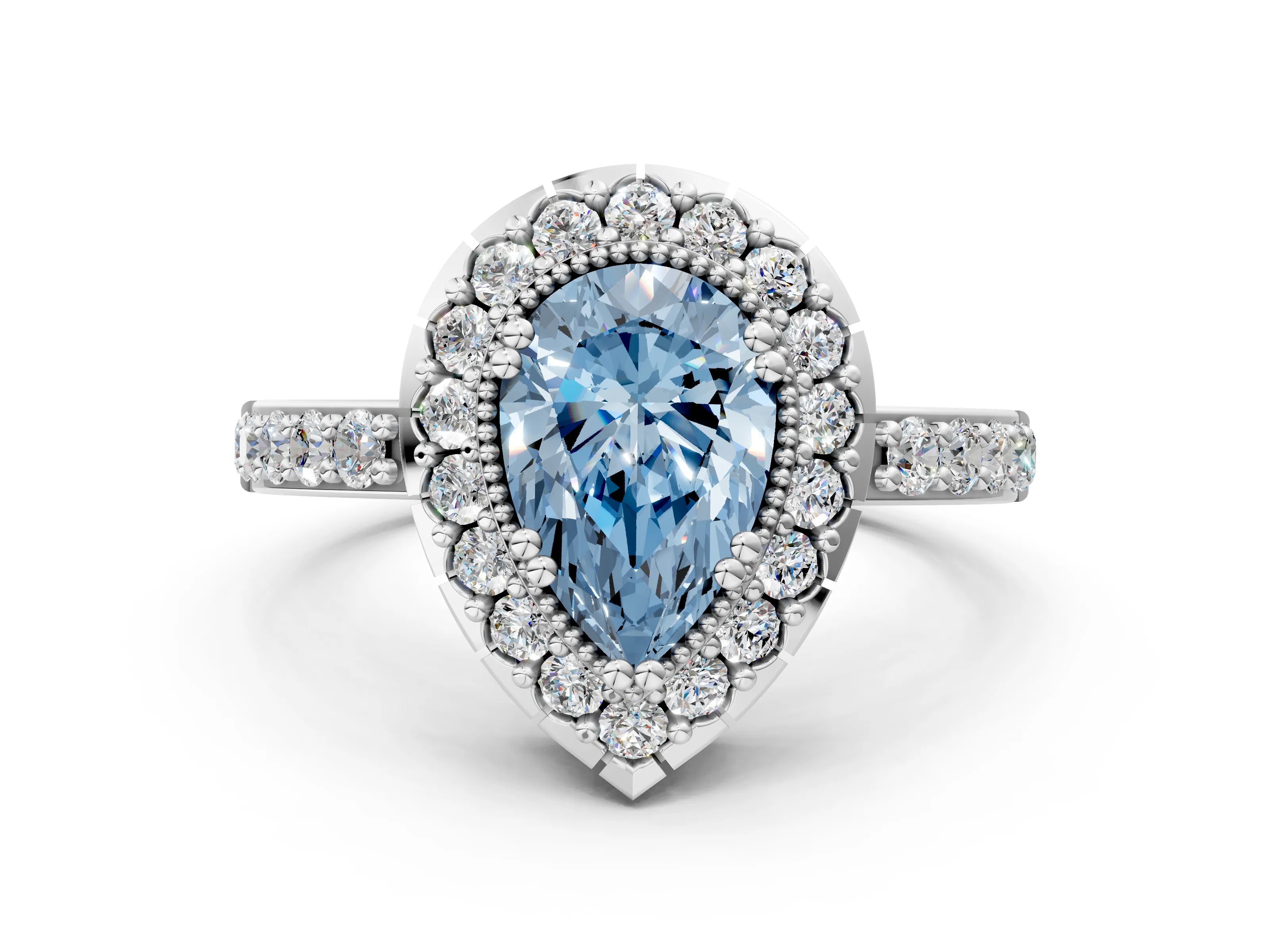 White gold Fancy Blue Pear Cut Diamond Halo Ring with Pavé Band and Prong Setting