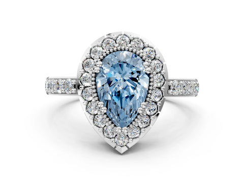 White gold Fancy Blue Pear Cut Diamond Halo Ring with Pavé Band and Prong Setting