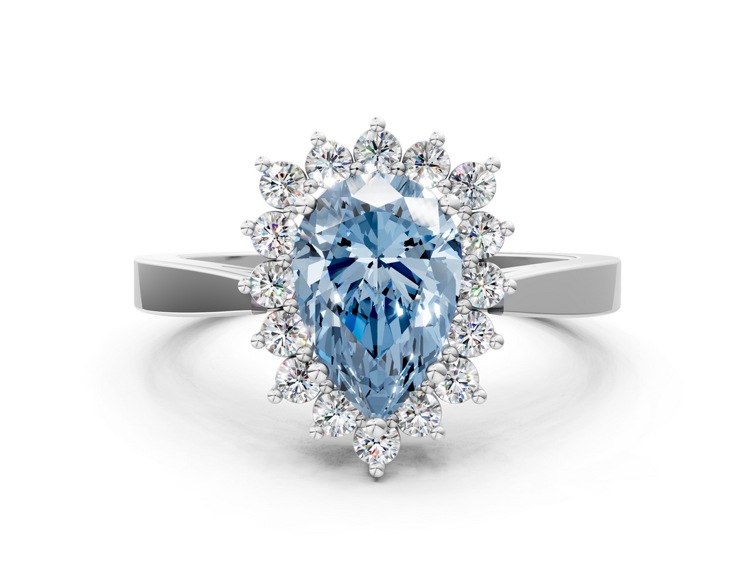 White gold Fancy Blue Pear  Cut Diamond Halo Ring with Round Brilliant Halo and Solitaire Band_85
