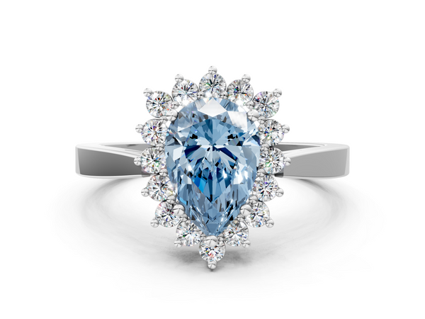 White gold Fancy Blue Pear  Cut Diamond Halo Ring with Round Brilliant Halo and Solitaire Band