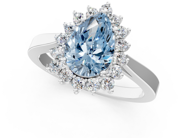 White gold Fancy Blue Pear  Cut Diamond Halo Ring with Round Brilliant Halo and Solitaire Band