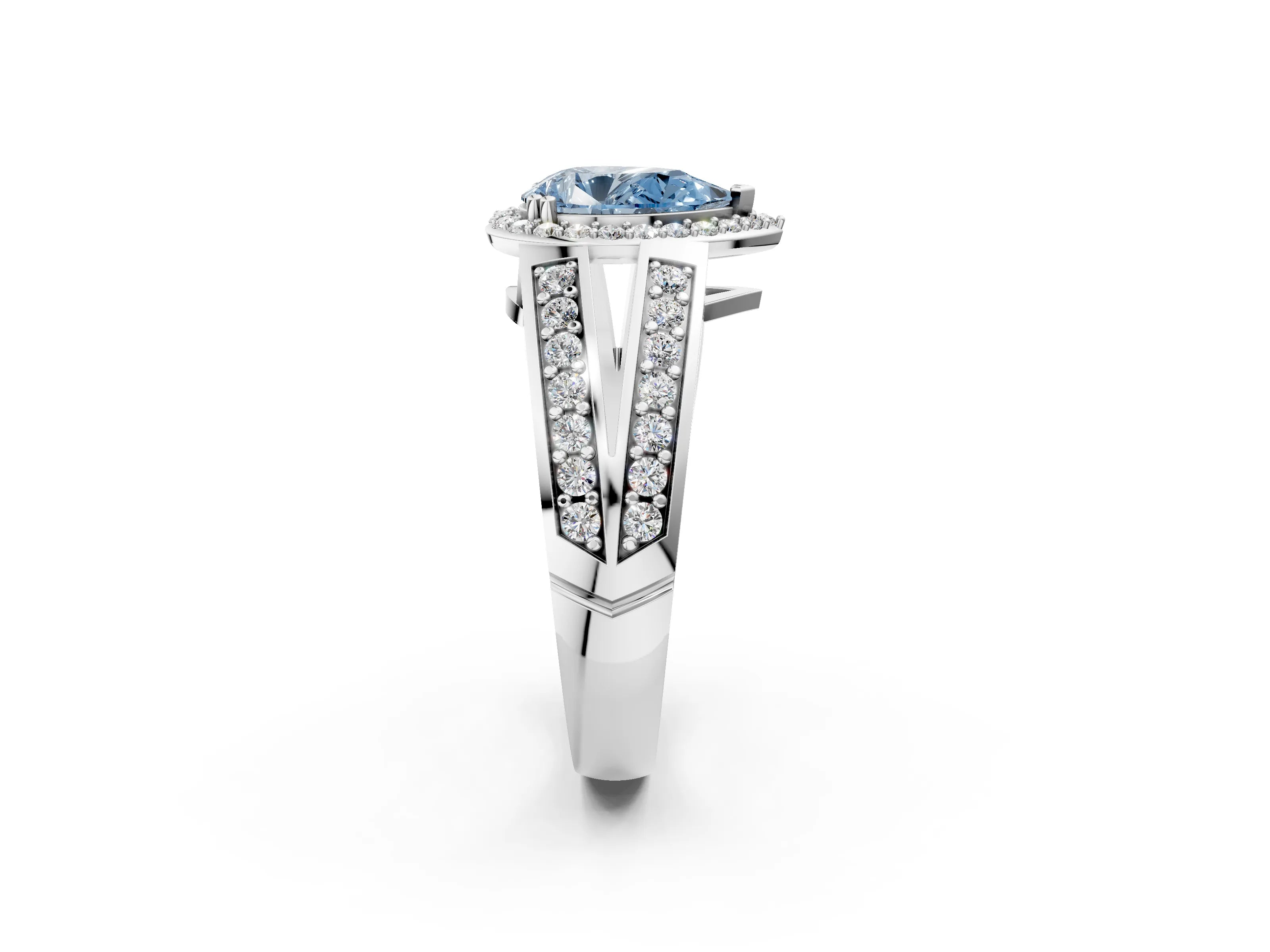 White gold Fancy Blue Pear Cut Diamond Halo Ring with Split Shank Pavé Band and Four-Prong Setting_14