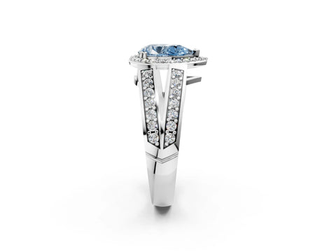 White gold Fancy Blue Pear Cut Diamond Halo Ring with Split Shank Pavé Band and Four-Prong Setting_14