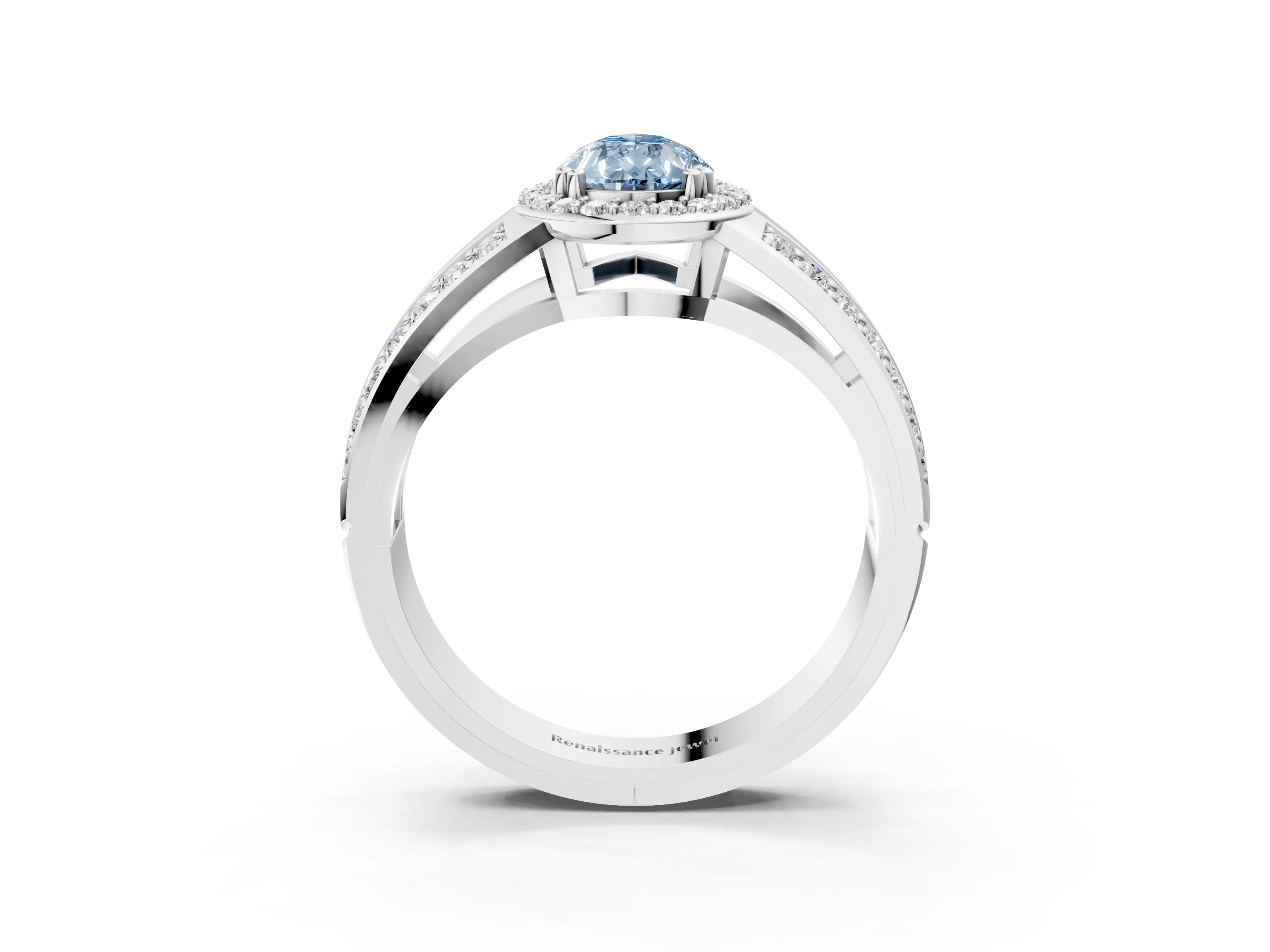 White gold Fancy Blue Pear Cut Diamond Halo Ring with Split Shank Pavé Band and Four-Prong Setting_15