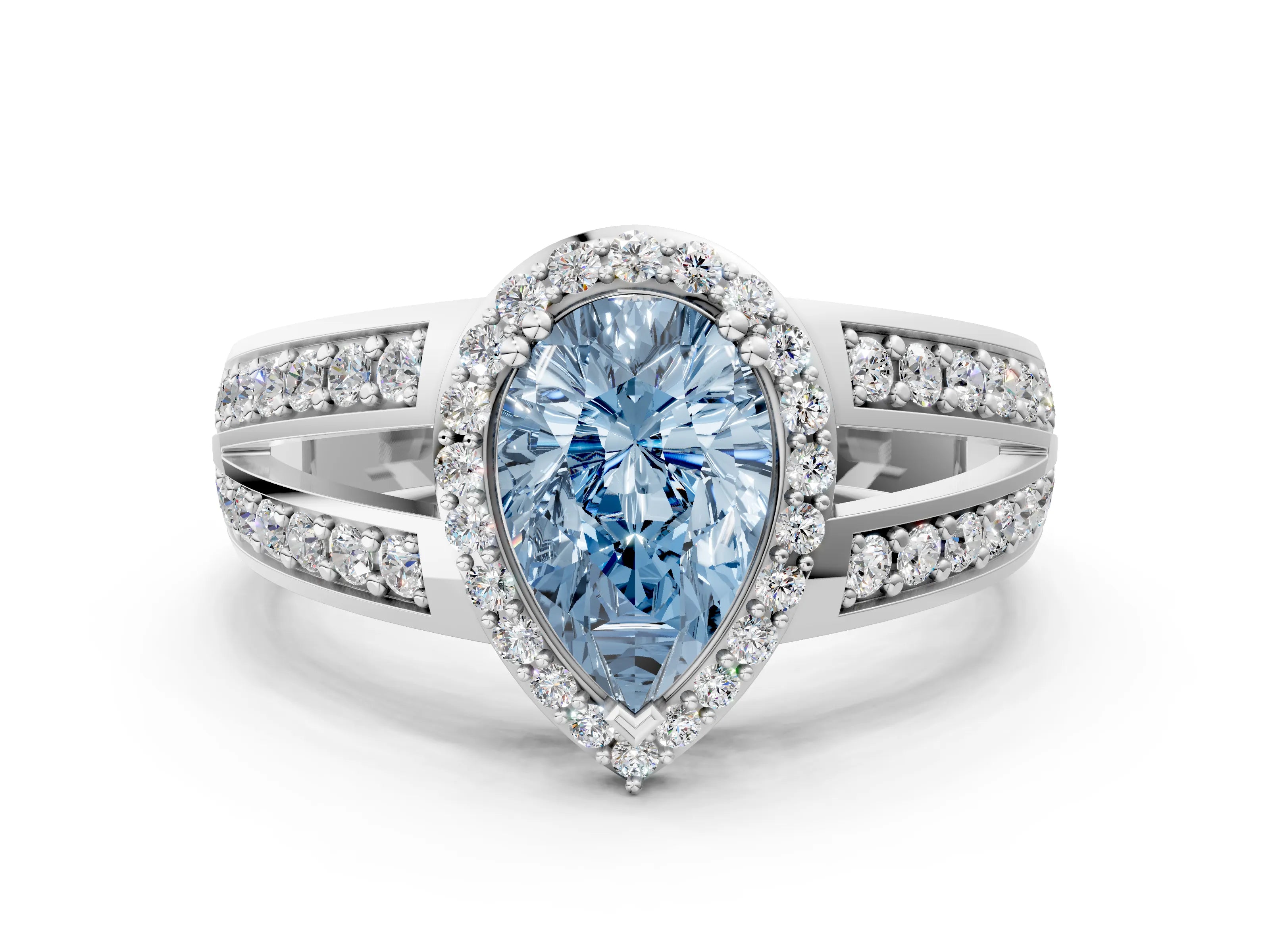 White gold Fancy Blue Pear Cut Diamond Halo Ring with Split Shank Pavé Band and Four-Prong Setting_21