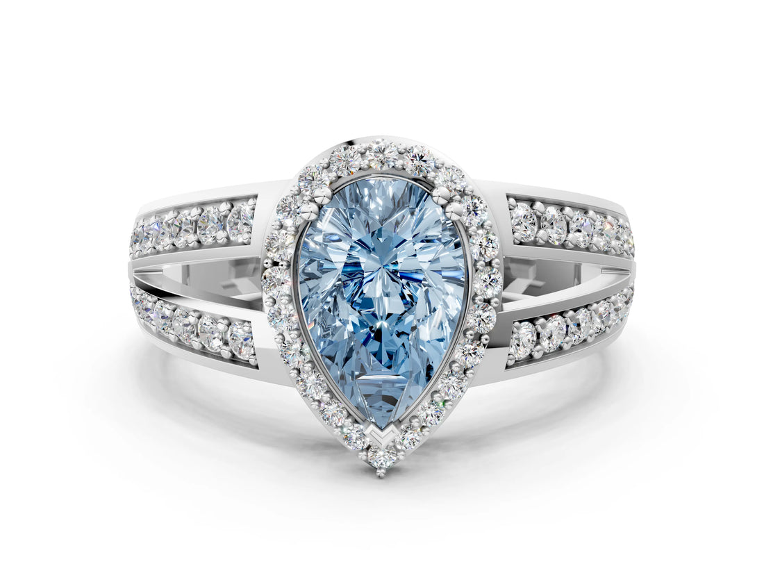 White gold Fancy Blue Pear Cut Diamond Halo Ring with Split Shank Pavé Band and Four-Prong Setting_24