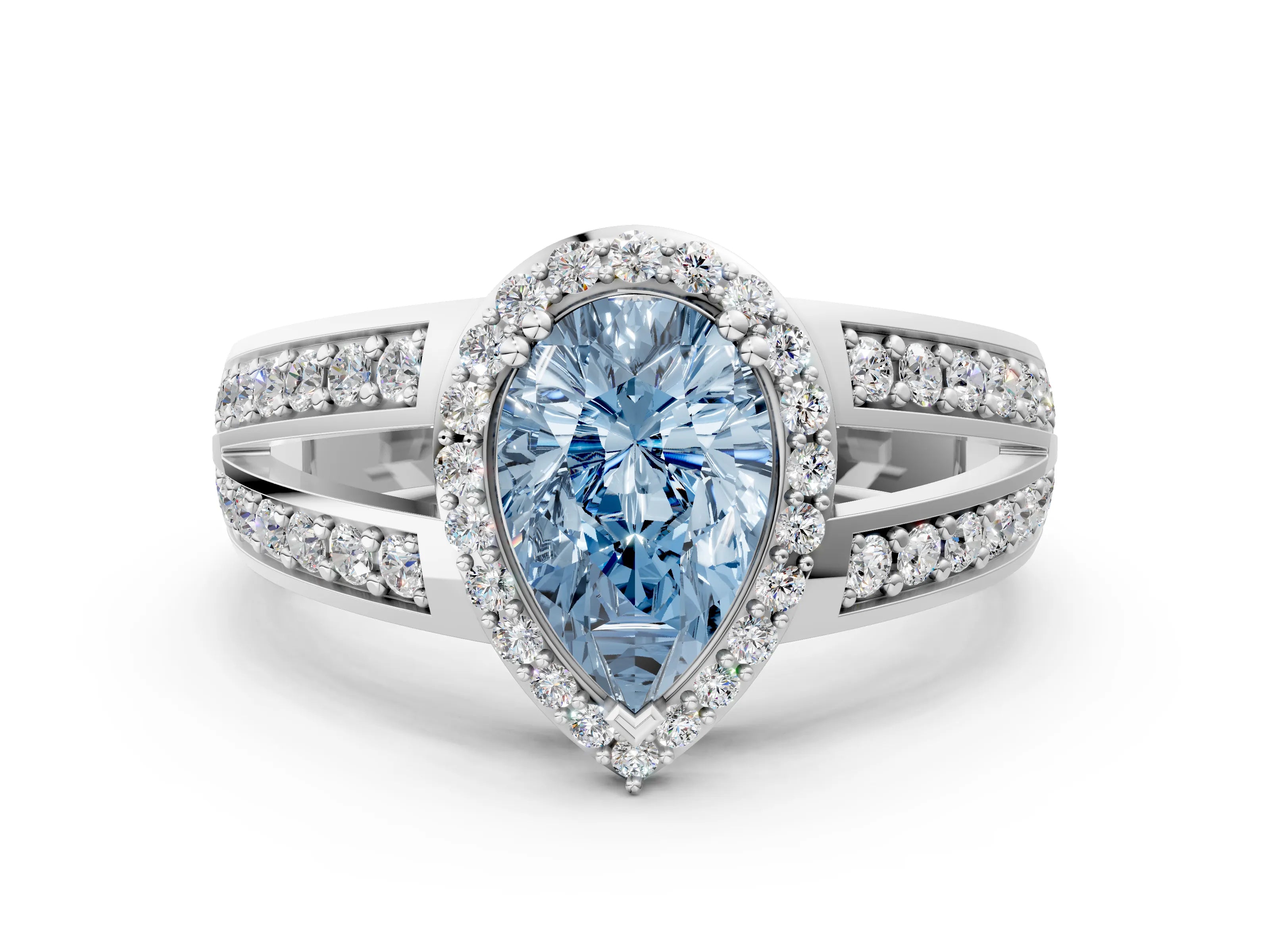 White gold Fancy Blue Pear Cut Diamond Halo Ring with Split Shank Pavé Band and Four-Prong Setting_30