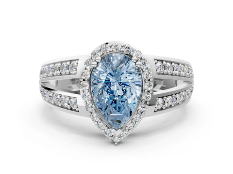 White gold Fancy Blue Pear Cut Diamond Halo Ring with Split Shank Pavé Band and Four-Prong Setting_30
