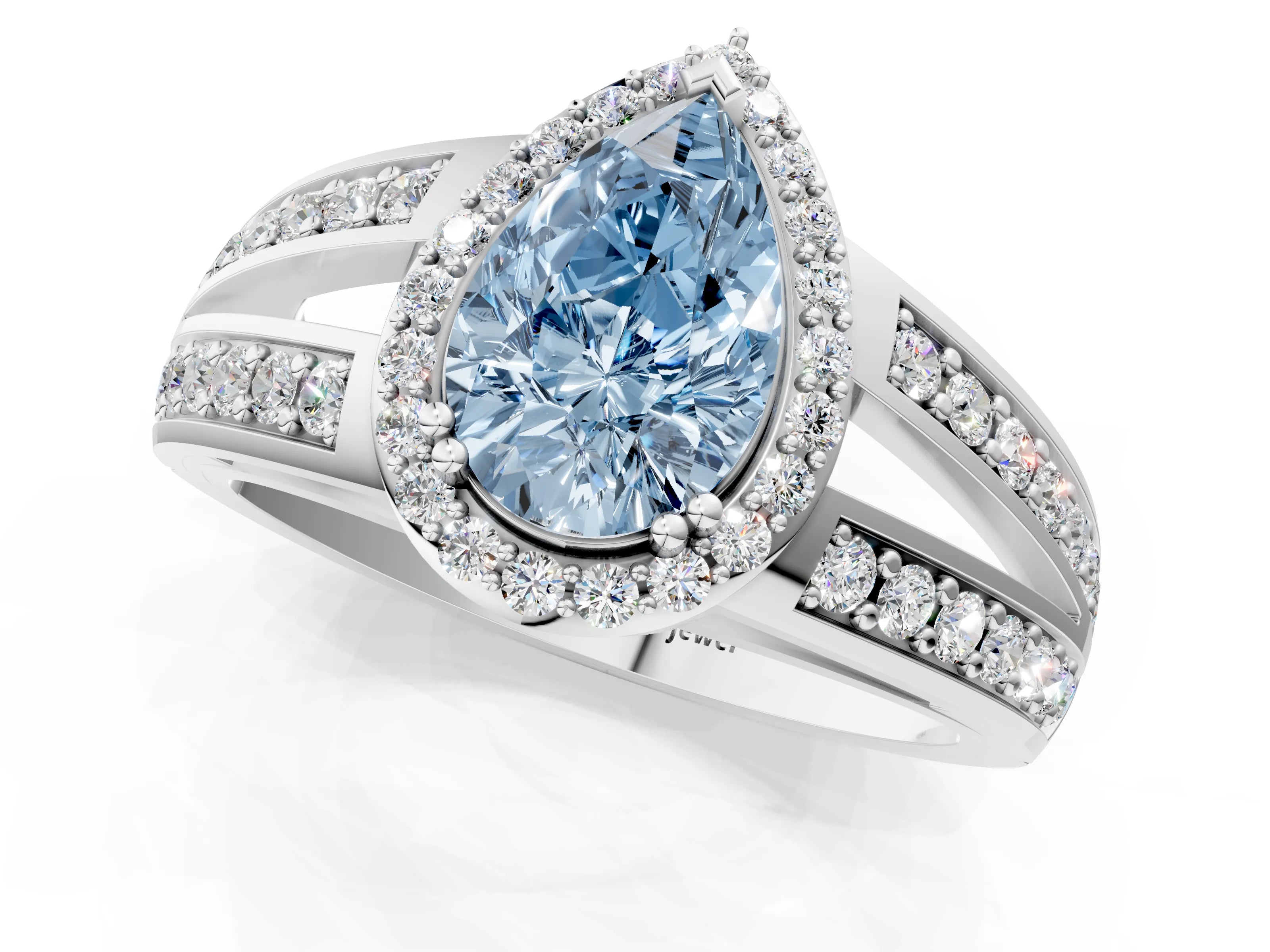 White gold Fancy Blue Pear Cut Diamond Halo Ring with Split Shank Pavé Band and Four-Prong Setting_31
