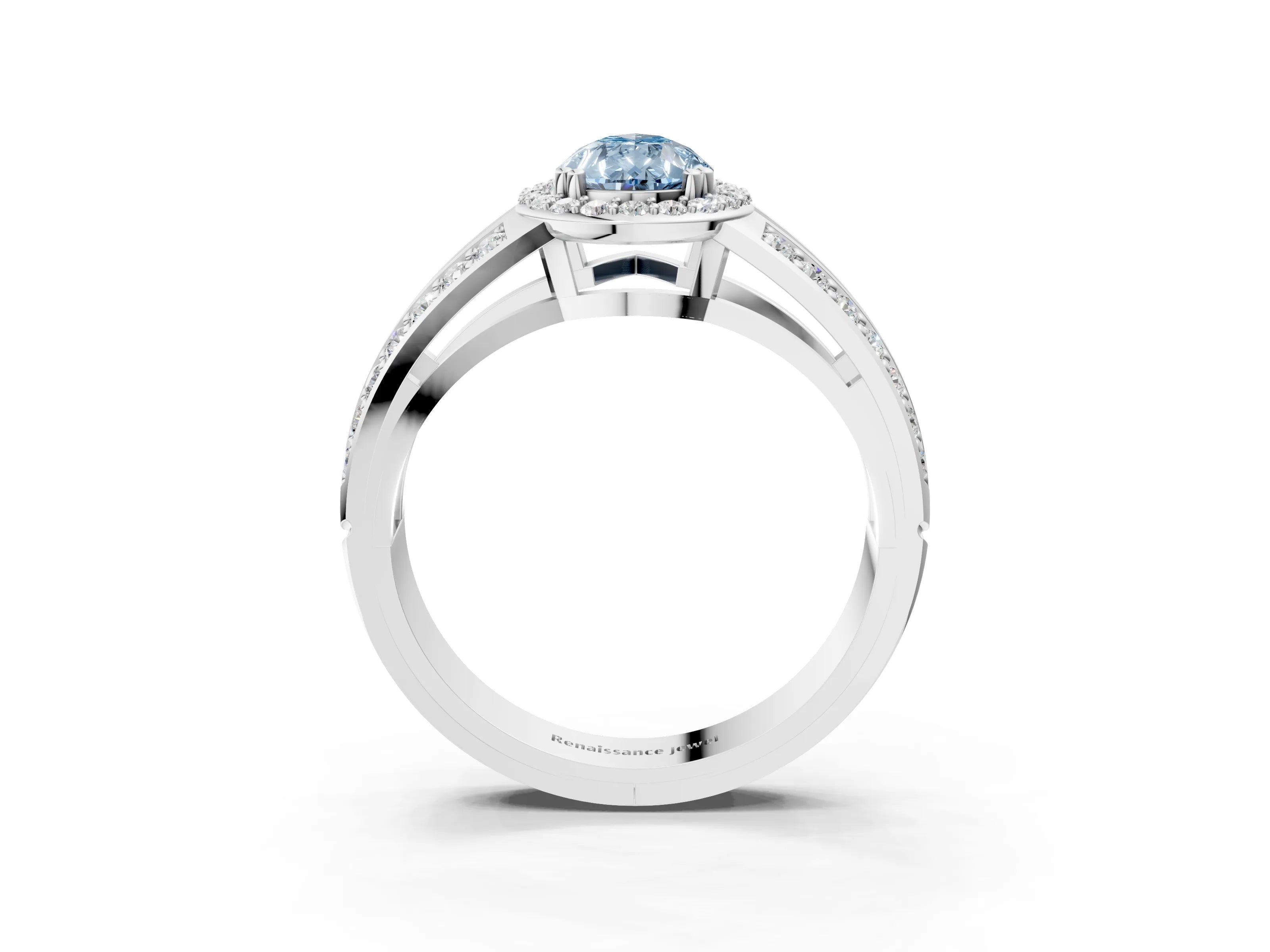 White gold Fancy Blue Pear Cut Diamond Halo Ring with Split Shank Pavé Band and Four-Prong Setting_33