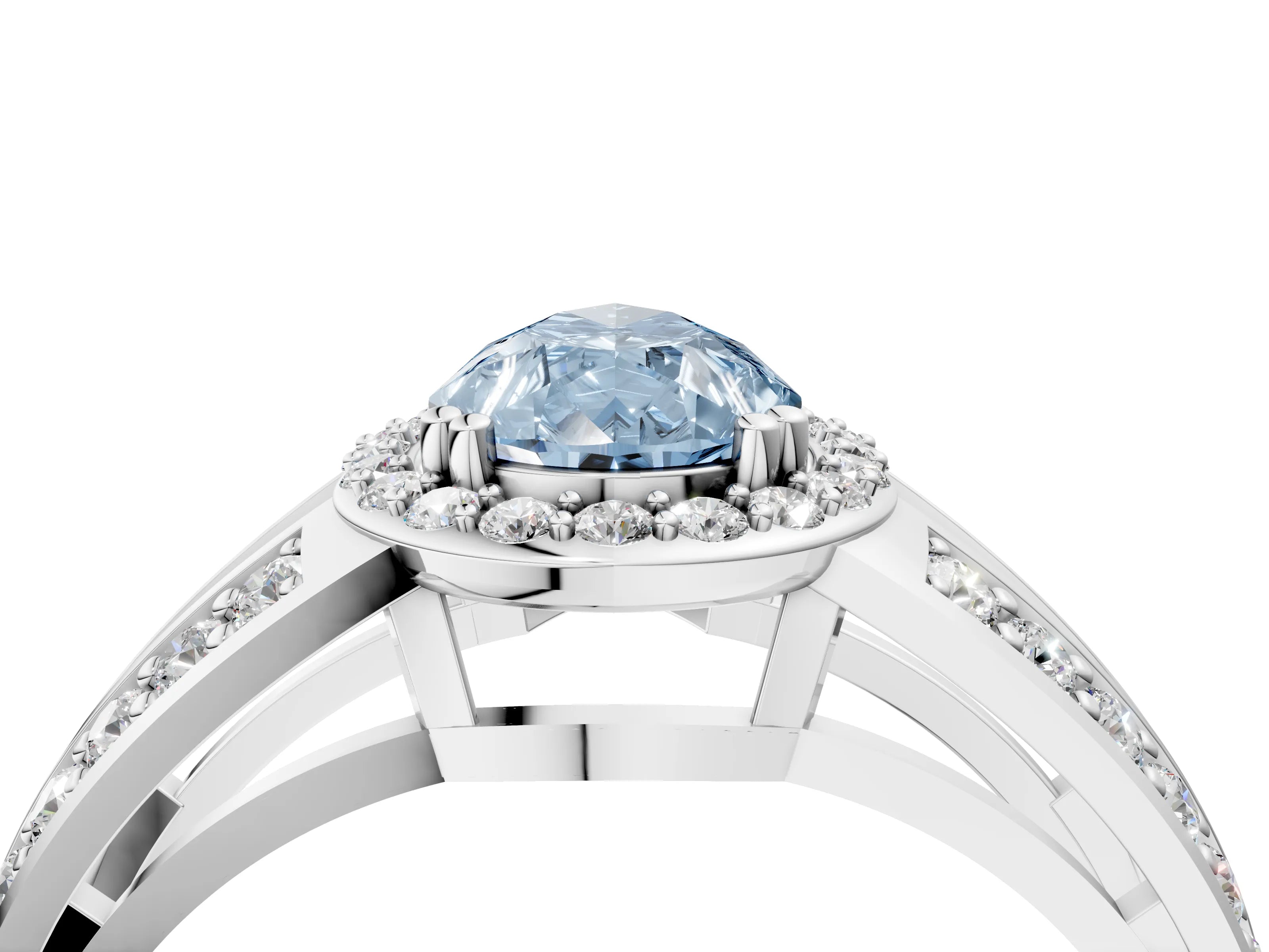 White gold Fancy Blue Pear Cut Diamond Halo Ring with Split Shank Pavé Band and Four-Prong Setting_34