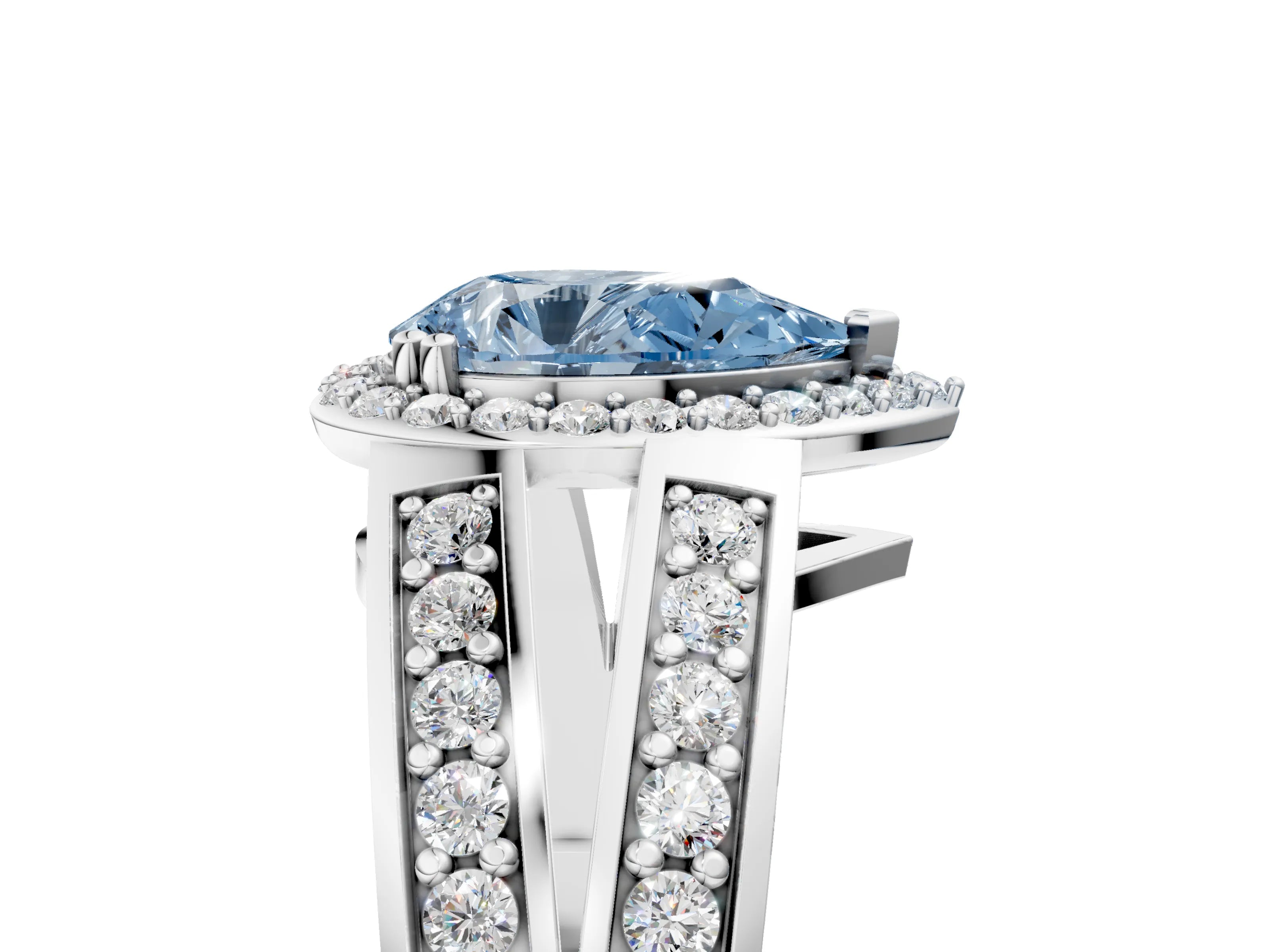 White gold Fancy Blue Pear Cut Diamond Halo Ring with Split Shank Pavé Band and Four-Prong Setting_35