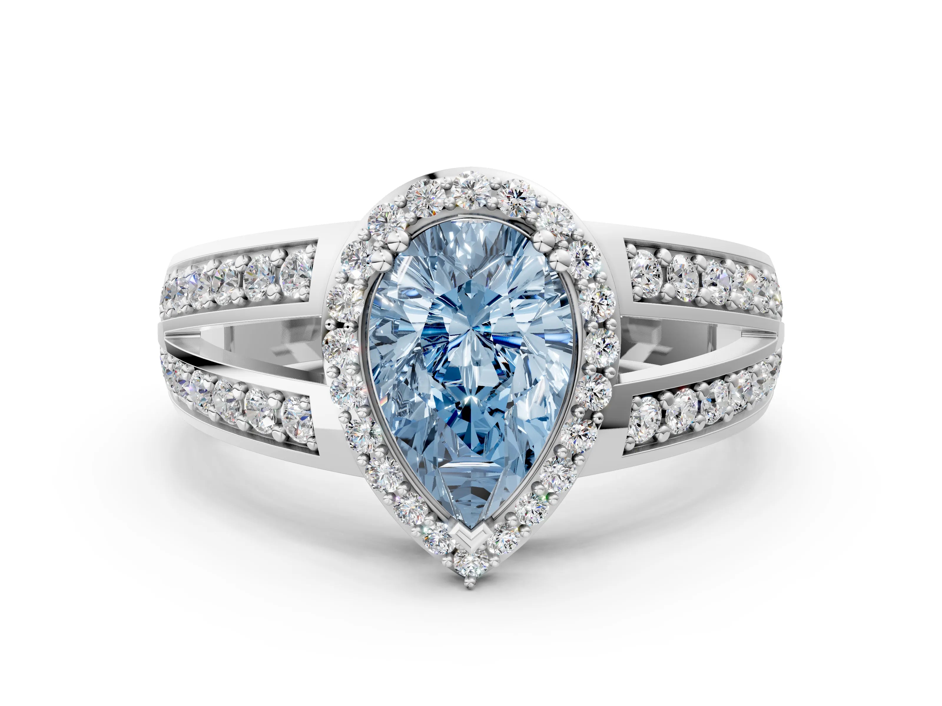 White gold Fancy Blue Pear Cut Diamond Halo Ring with Split Shank Pavé Band and Four-Prong Setting_42