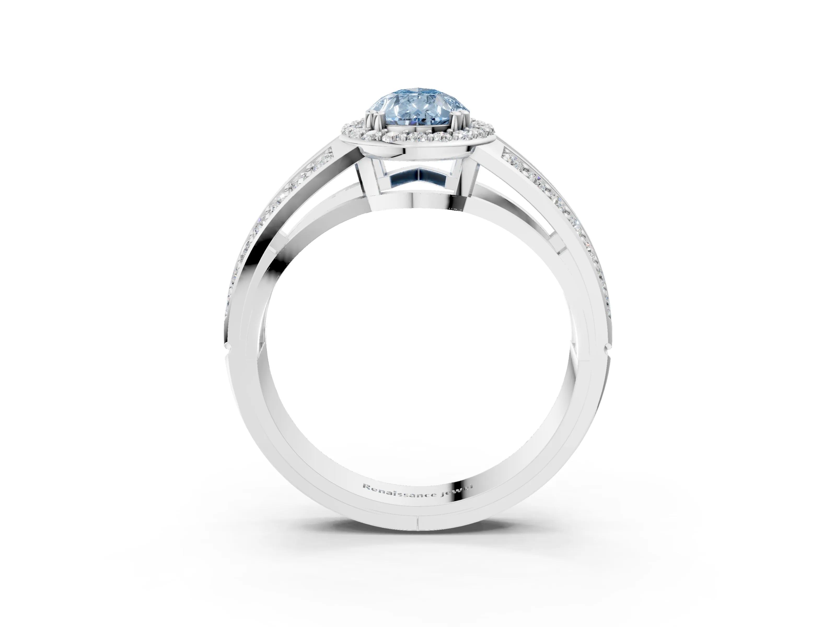 White gold Fancy Blue Pear Cut Diamond Halo Ring with Split Shank Pavé Band and Four-Prong Setting_42