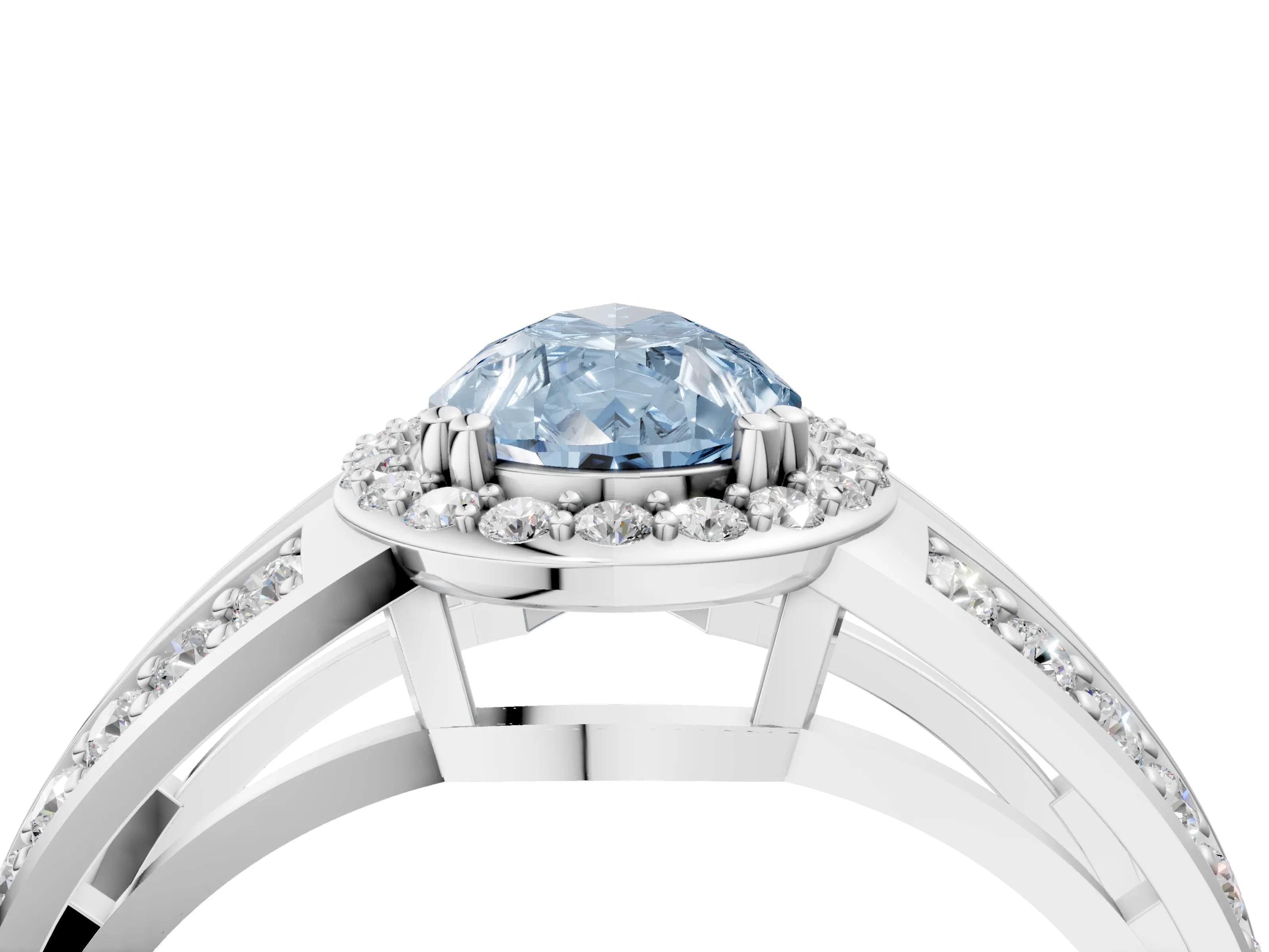 White gold Fancy Blue Pear Cut Diamond Halo Ring with Split Shank Pavé Band and Four-Prong Setting_46