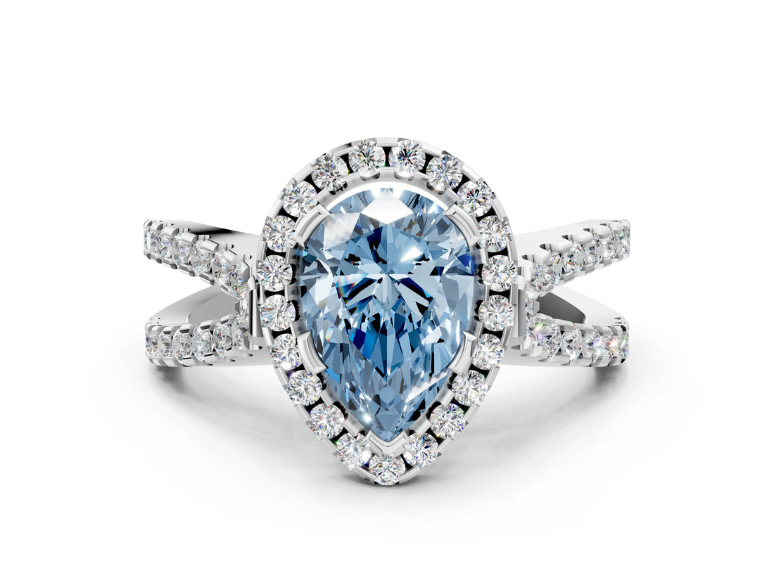 White gold Fancy Blue Pear Cut Diamond Halo Ring with Split Shank Pavé Band and Prong Setting_78