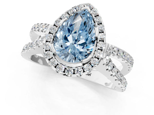 Platinum Fancy Blue Pear Cut Diamond Halo Ring with Split Shank Pavé Band and Prong Setting