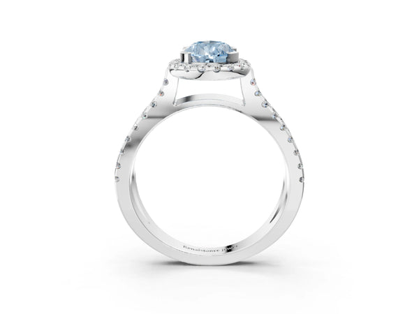 Platinum Fancy Blue Pear Cut Diamond Halo Ring with Split Shank Pavé Band and Prong Setting