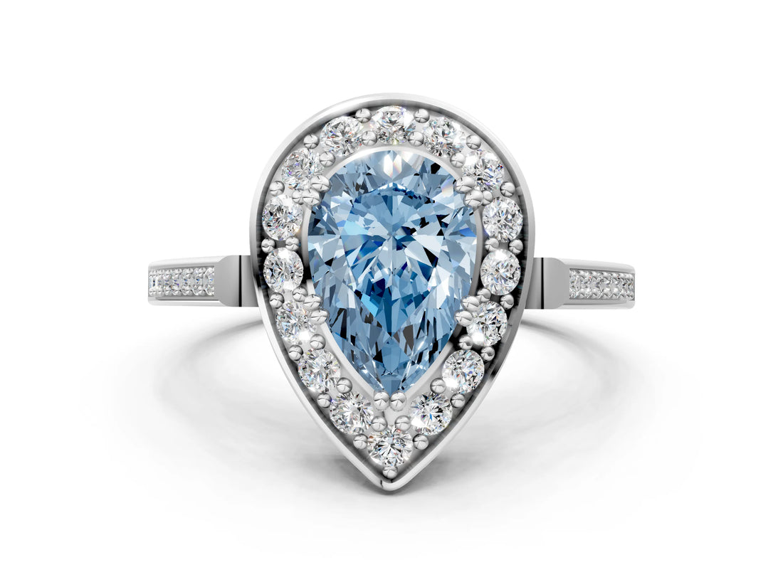 White gold Fancy Blue Pear Cut Diamond Halo Ring with Split Shank and Four-Prong Setting_96