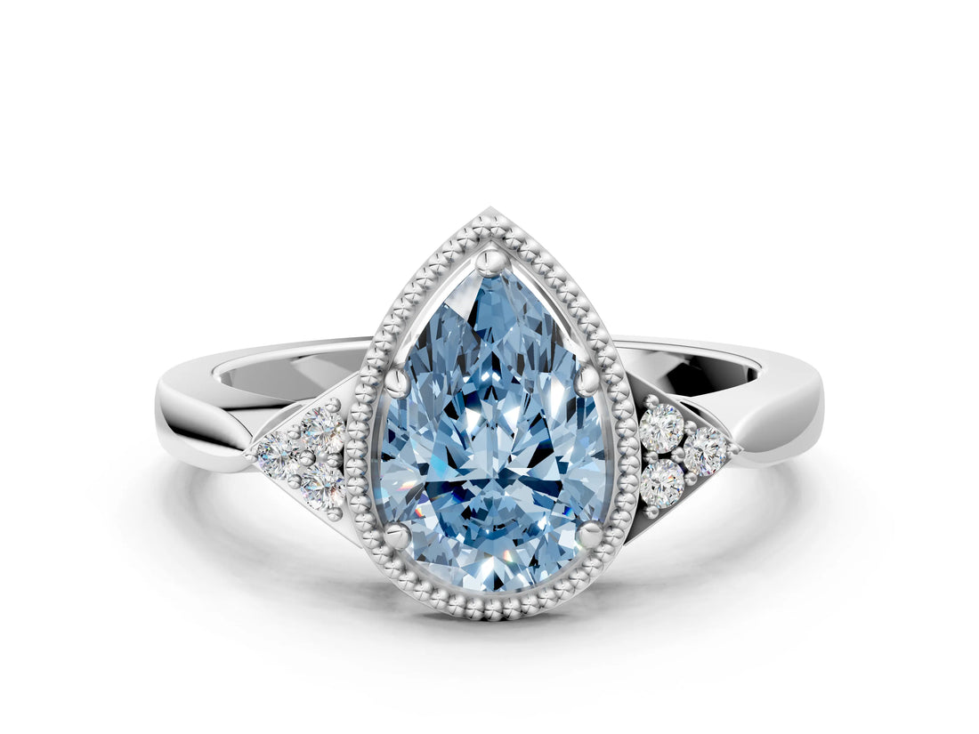 White gold Fancy Blue Pear Cut Diamond Halo Ring with Tapered Band and Four-Prong Setting_19