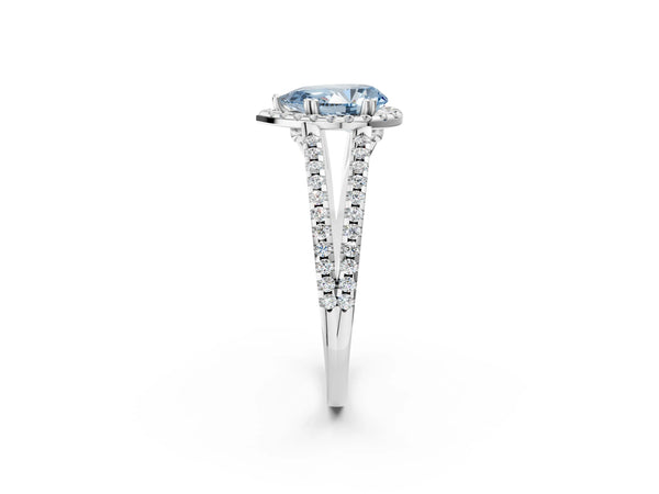 White gold Fancy Blue Pear Cut Diamond Halo Split Shank Engagement Ring