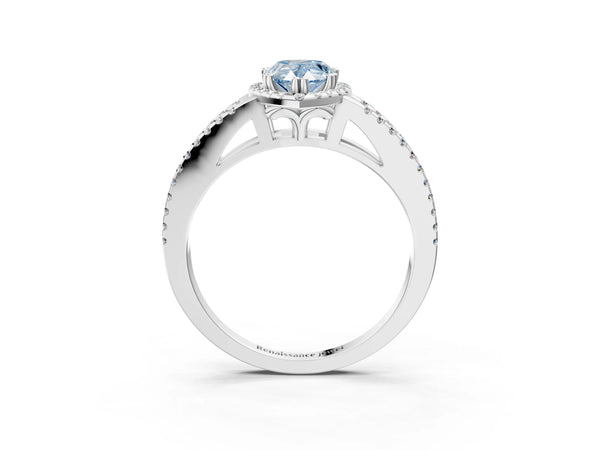 White gold Fancy Blue Pear Cut Diamond Halo Split Shank Engagement Ring
