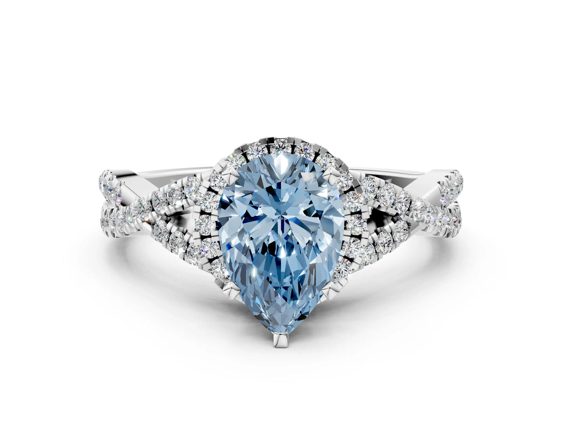 White gold Fancy Blue Pear Cut Diamond  Halo Twist Band Solitaire Prong Setting Ring_12