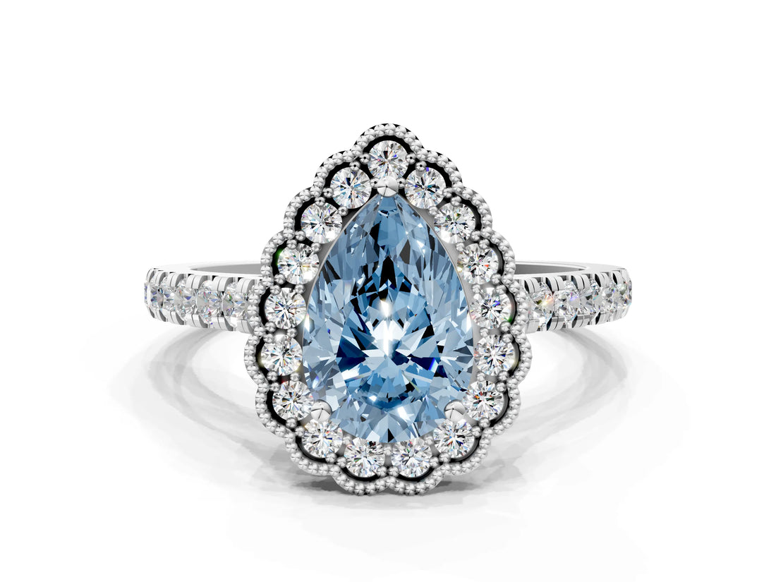 White gold Fancy Blue Pear  Cut Diamond Milgrain Floral Halo Engagement Ring with Pavé Band_15