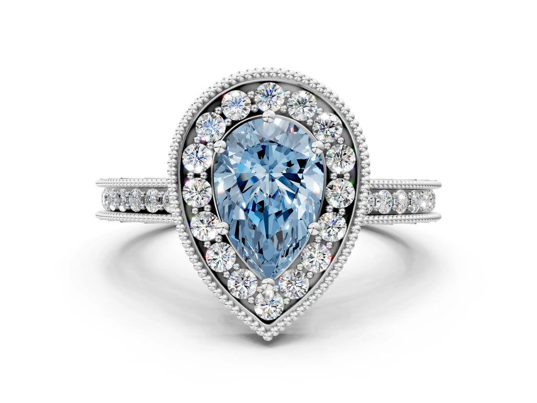 White gold Fancy Blue Pear Cut Diamond Milgrain Halo Engagement Ring with Round Pavé Band and Prong Setting_12